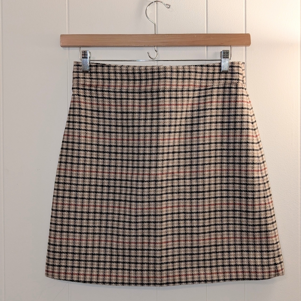 J.Crew classic plaid wool mini skirt in neutral tan tones.